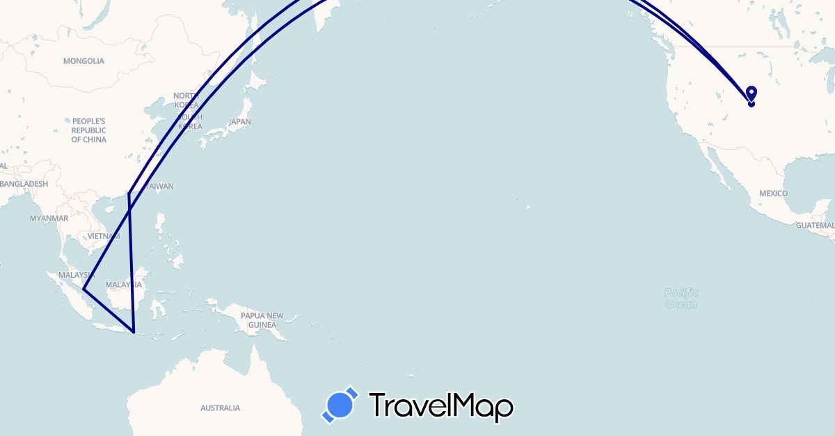 TravelMap itinerary: driving in Hong Kong, Indonesia, Singapore, United States (Asia, North America)